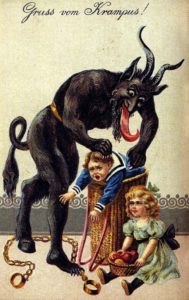 stara pocztówka przedstawiająca rogatego potwora przypominającego diabła, który wkłada dzieci do worka
